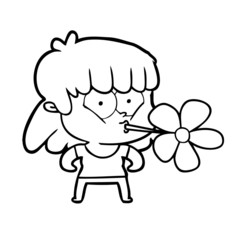 cartoon girl with flower in mouth