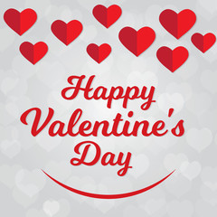 Lettering red text. Happy Valentines Day and red hearts on white hearts bokeh background.