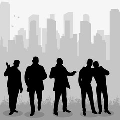 isolated silhouette of men stand on city background
