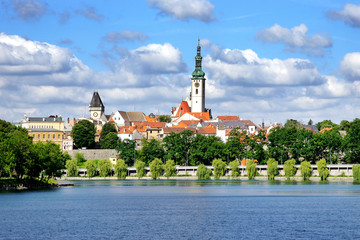 Jordan pond and panorama of historical Tabor city, South Bohemia region, Czech republic