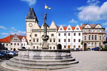 Fototapeta na wymiar renaissance Town hall – Hussite museum with catacombs, Zizka square, Tabor city, Czech republic