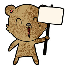 happy cartoon bear with placard
