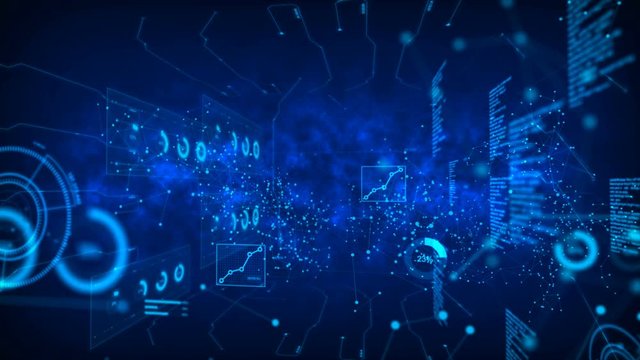 4K Animation Dot circle with connection line with HUD graph bar element on the dark background with grain processed