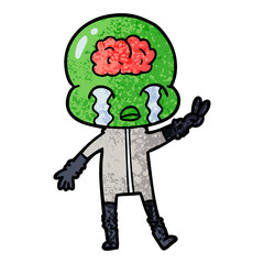 cartoon big brain alien crying and giving peace sign