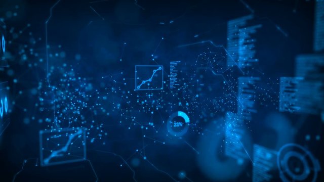 4K Animation Dot circle with connection line with HUD graph bar element on the dark background with grain processed