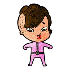 cartoon surprised girl in science fiction clothes
