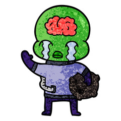 cartoon big brain alien crying and waving goodbye
