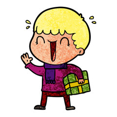 laughing cartoon man with present