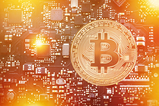Digital currency bitcoin on computer chip