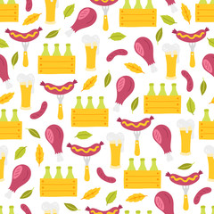 Oktoberfest seamless pattern with sausage, beer glass, leaves, bottle