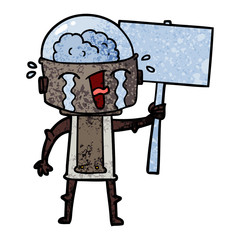 cartoon crying robot waving sign