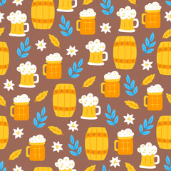 Oktoberfest seamless pattern with edelweiss, barrel, branch, leaves, beer glass
