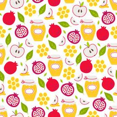 Rosh Hashanah Jewish New Year seamless pattern with pomegranate, honey