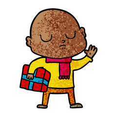 cartoon bald man with xmas gift