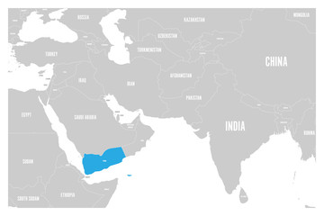 Yemen blue marked in political map of South Asia and Middle East. Simple flat vector map..