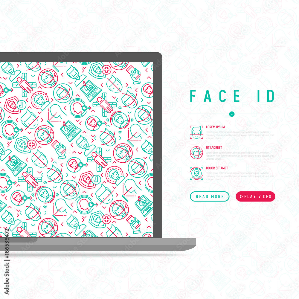 Poster face id concept with thin line icons: face recognition, scanning, mobile authentication, approved, d