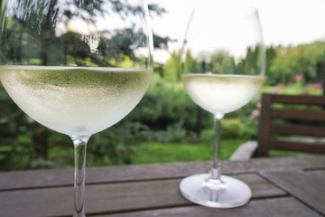 white wine glasses on wooden table at garden