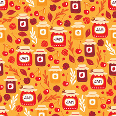 Thanksgiving Day seamless pattern with cherry, blackberry, raspberry, leaves, jam
