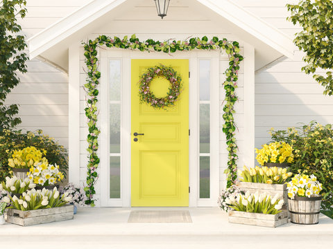 spring decorated porch with a lot of flowers. 3d rendering