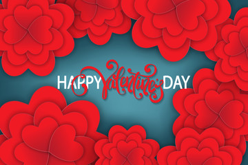 Floral Greeting card. Happy Valentine's Day lettering. Paper art flower holiday background. Heart shape paper cut flower petals, 3d design.