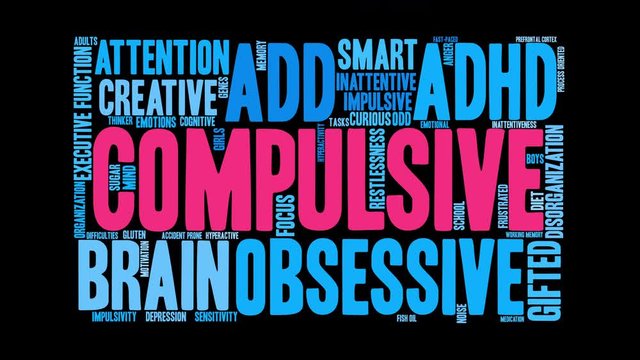 Compulsive ADHD Animated Word Cloud on a black background. 