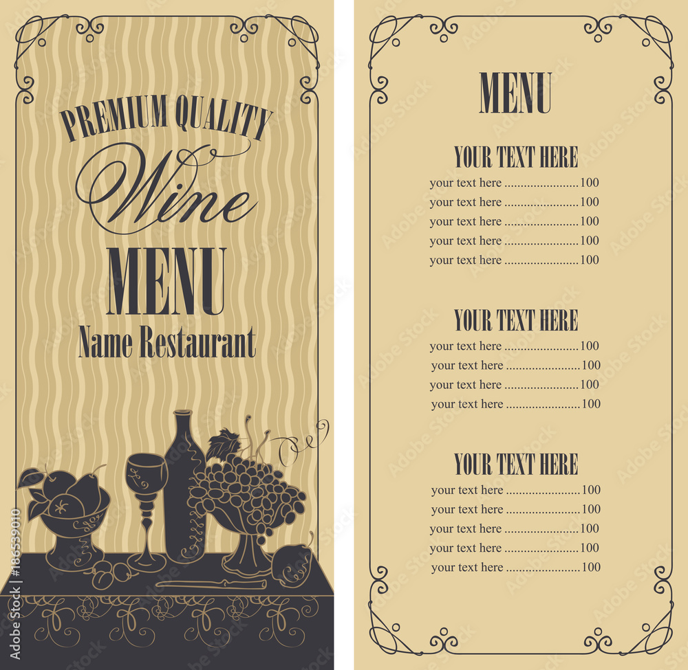 Poster vector wine list for restaurant or cafe menu with price list and still life with a glass of wine and