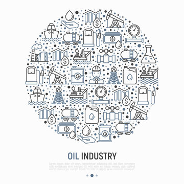 Oil industry concept in circle with thin line icons: gas, petroleum, diesel,  truck, tanker, ship, refinery, barrel. Modern vector illustration, web page template.