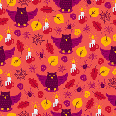 Halloween seamless pattern with owl, candle, leaves, skull, spider, web