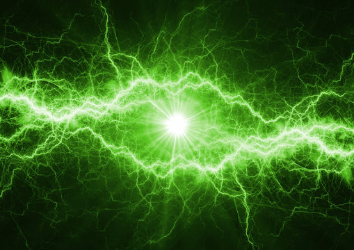 Green power lightning bolt, plasma and electric power background