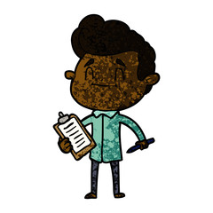 happy cartoon man with pen and clipboard