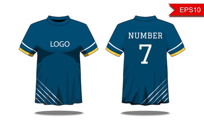 Sport Men's t-shirt with short sleeve in front and back view. Blue with yellow white stripe and Editable color design. Mock up of sport wear concept. Sport and Fashion theme. EP10 Vector illustration.