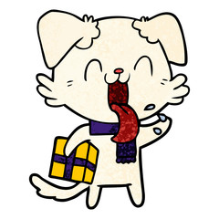 cartoon panting dog with present