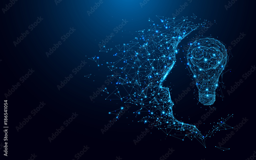 Fototapete abstract head and lightbulb form lines and triangles, point connecting network on blue background. i