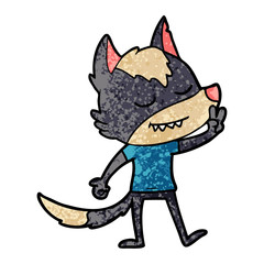 friendly cartoon wolf making peace sign