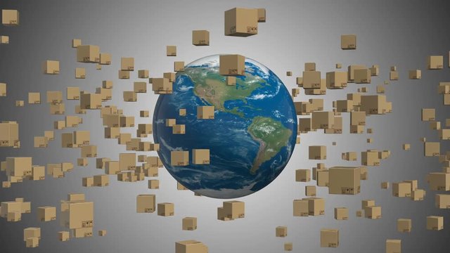Delivery boxes fly around the planet and are looking for a delivery point. seamless loop.