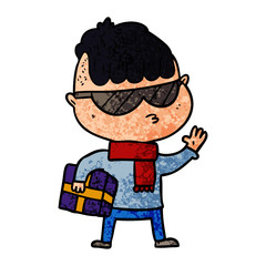 cartoon boy wearing sunglasses carrying xmas gift