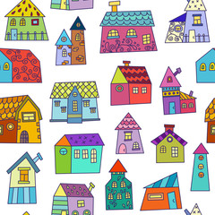 Doodle hand drawn town seamless pattern.  Vector illustration for your cute design.
