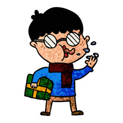 cartoon boy wearing spectacles with christmas gift