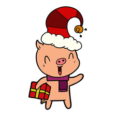 happy cartoon pig with xmas present