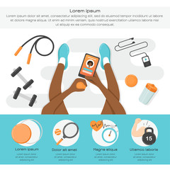 Fitness infographics. Women with sport devices and icons.