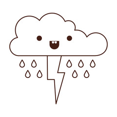 kawaii cloud with rain and thunderbolt in monochrome silhouette