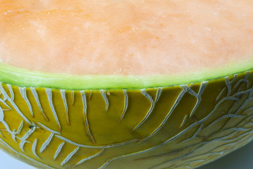 Cut detail texture of melon, tropical fruit harvested in Guatemala, Cucumis melo.