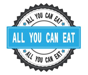 ALL YOU CAN EAT text on grey and cyan round stamp, with zig zag