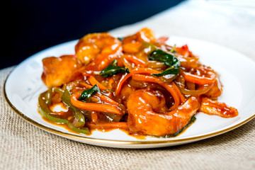 wok fried Shrimp stir fry with sweet peppers and chinese vegetables