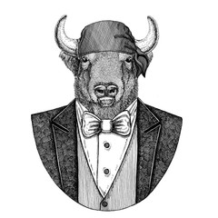 Buffalo, bison,ox, bull Wild biker, pirate animal wearing bandana Hand drawn image for tattoo, emblem, badge, logo, patch, t-shirt