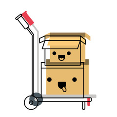 hand truck with kawaii cardboard boxes stacked and one opened in watercolor silhouette