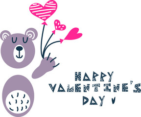 Hand lettering "Happy Valentine's Day" with illustration of a bear holding baloons