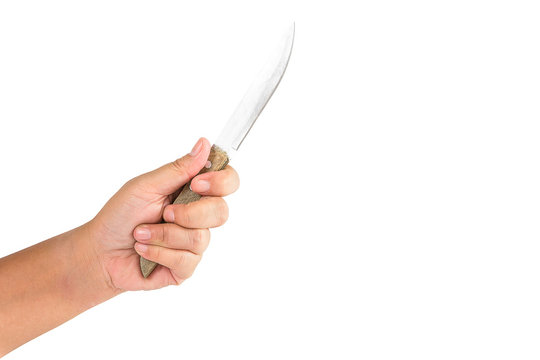 hand holding knife on white background. murder concept