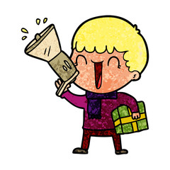 megaphone cartoon man with present