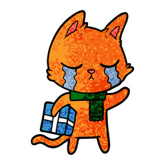 crying cartoon cat holding christmas present